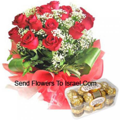 12 Rosas Rojas con Deliciosos 16 Pcs Ferrero Rochers