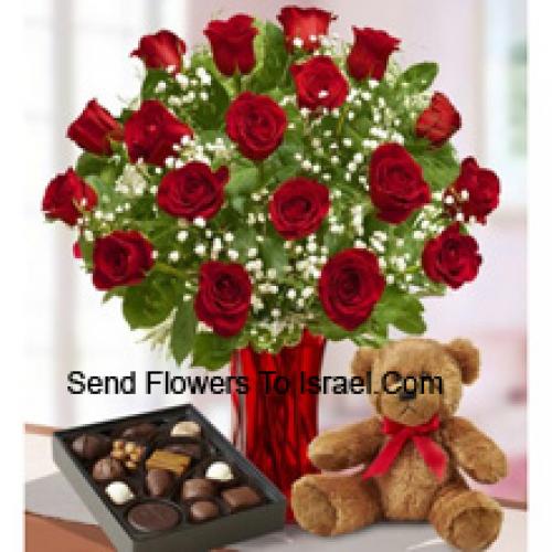 24 Rosas com Chocolates Importados e Urso de Pelúcia