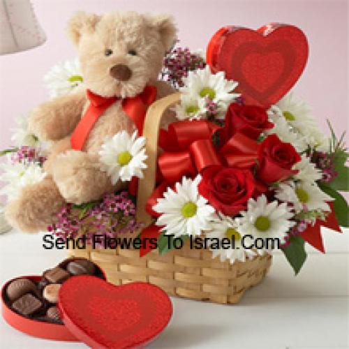 Roses en Gerbera's met Teddy en Chocolade