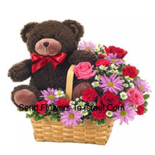 Cesto de Flores Variadas com Urso de Pelúcia de 14 Polegadas