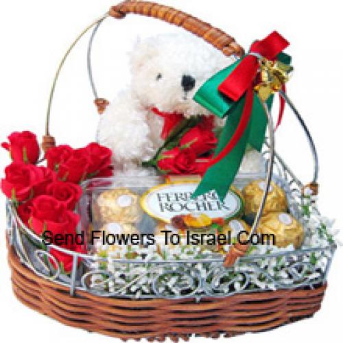 Niedliche Rosen mit niedlichem Teddy und Schokolade