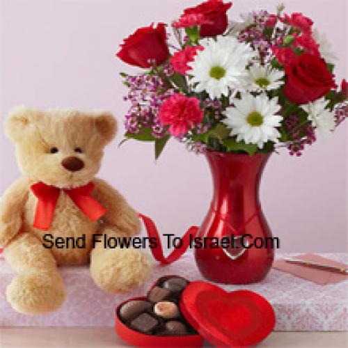 Roses en Gerbera's met schattige teddybeer en chocolaatjes