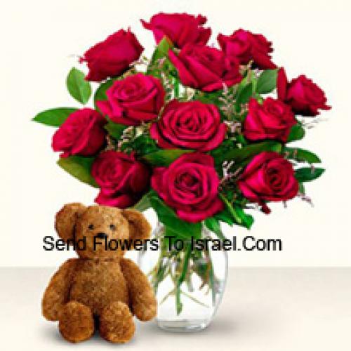 12 Red Roses with Cute 12 Inch Teddy