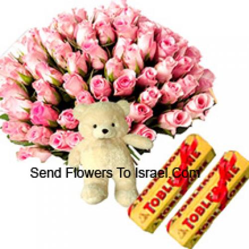 75 Pink Roses with Cute Teddy and Chocolates