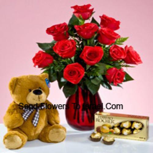 12 Rode Rozen met 12 Inch Teddy en Ferrero Rochers