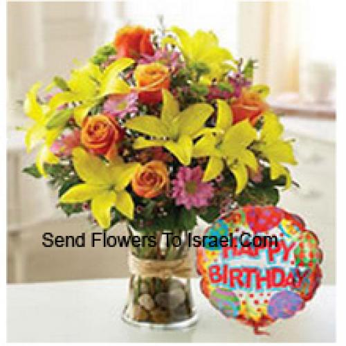 Beautiful Assorted Flowers with Birthday Balloon