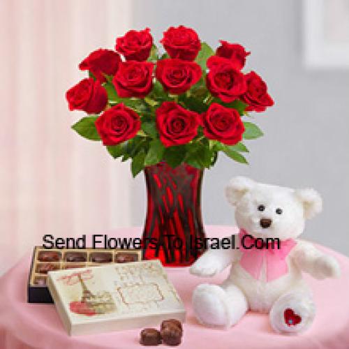 12 Beautiful Red Roses with Teddy and Chocolates