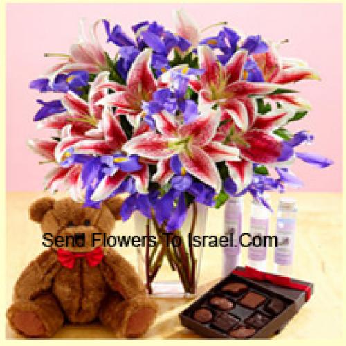 Lilies and Assorted Flowers with Teddy and Chocolates