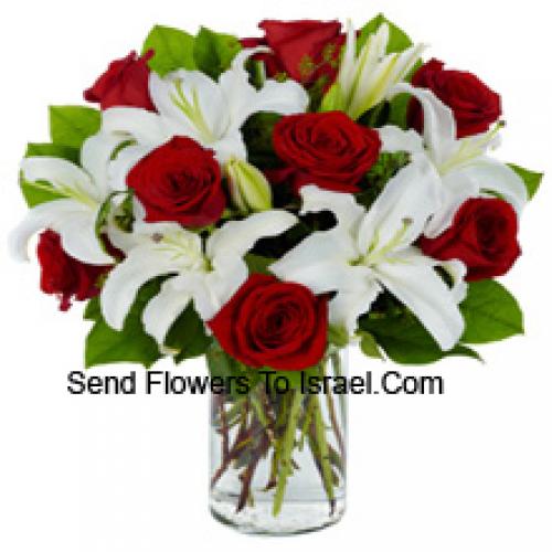 Cute Red Roses and White Lilies