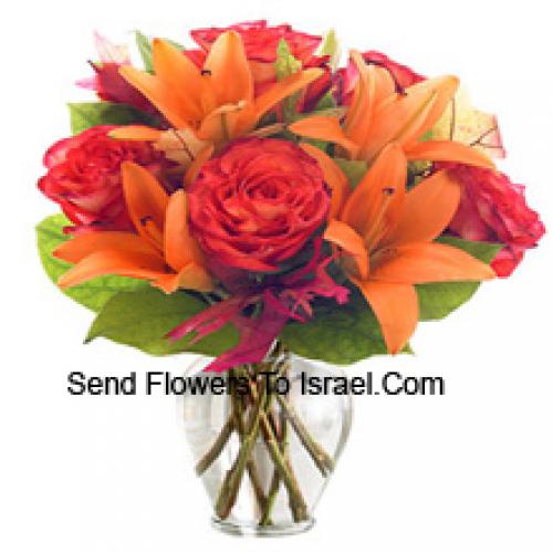 Orange Lilies and Orange Roses in Vase