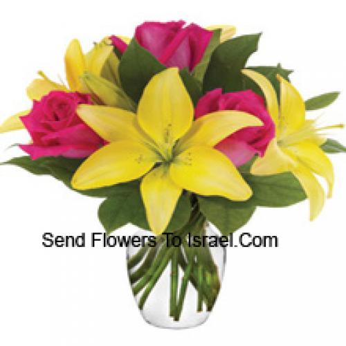 Pink Roses and Yellow Lilies in Vase