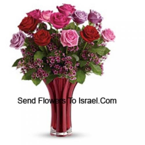 12 Assorted Roses in Vase