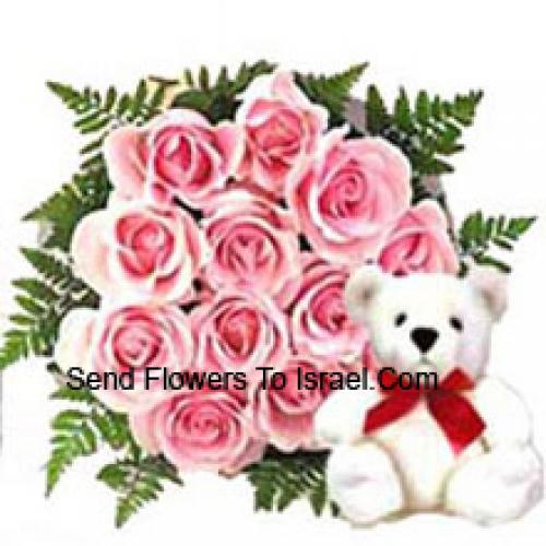 12 Pink Roses with Adorable Teddy