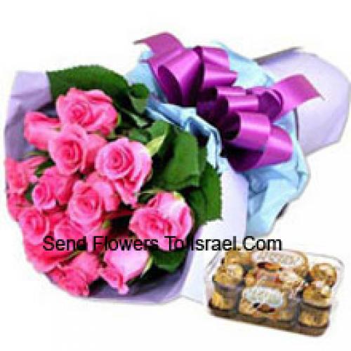 12 Pink Roses with Yummy 16 Pcs Ferrero Rochers