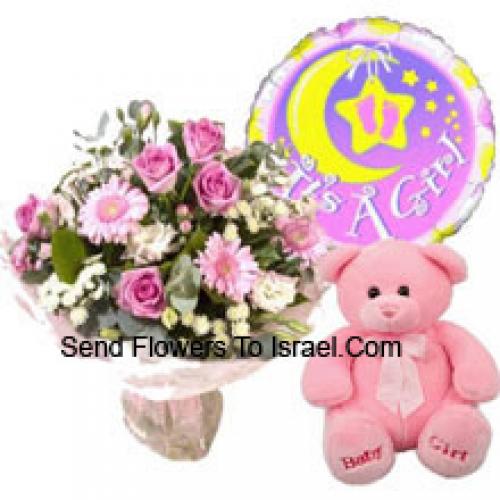 Pink Assorted Flowers with Balloon and Teddy