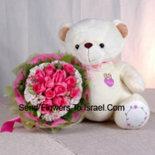 12 Pink Roses with Sweet Lovely Teddy