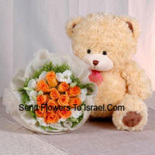 12 Oranje Rozen met Schattige Teddybeer