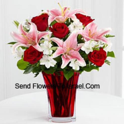 Red Roses with Pink Lilies in Vase