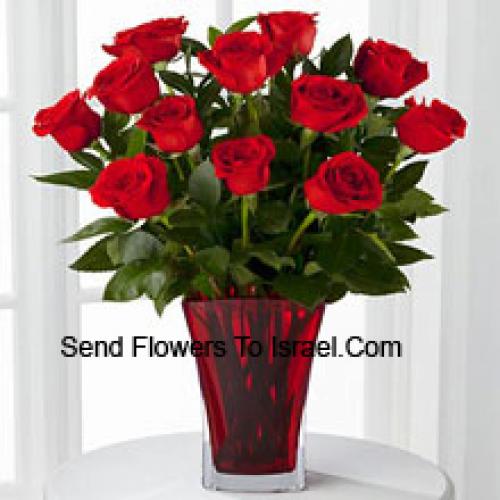 12 Hot Red Roses in Vase