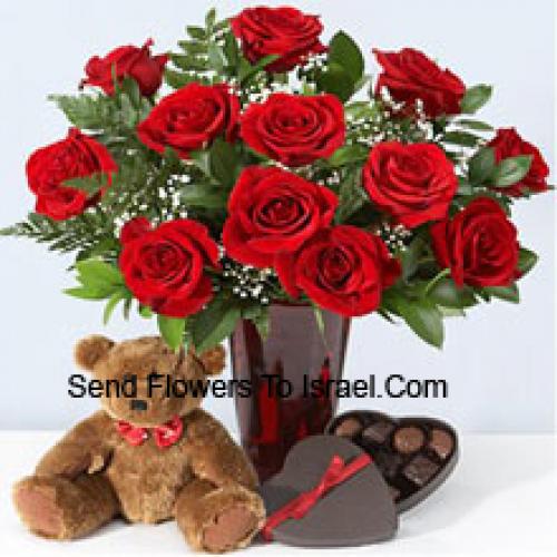 10 Zoll Teddy mit Schokoladenbox und 12 roten Rosen