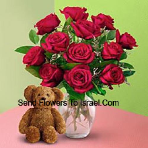 12 Roses in Vase with Teddy