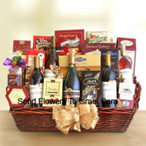 Basket Filled with 4 Exclusive Wines and Plenty of Snacks