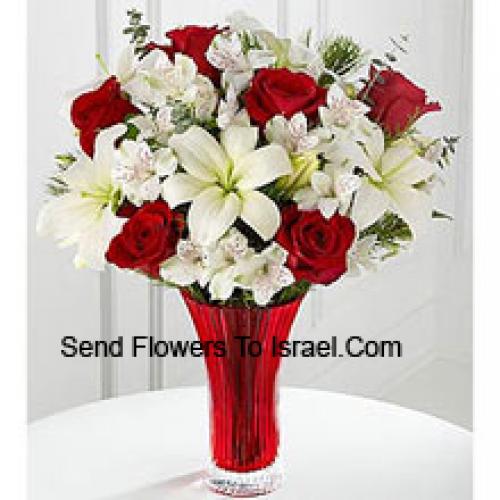 Elegant Red Roses and White lilies in Vase